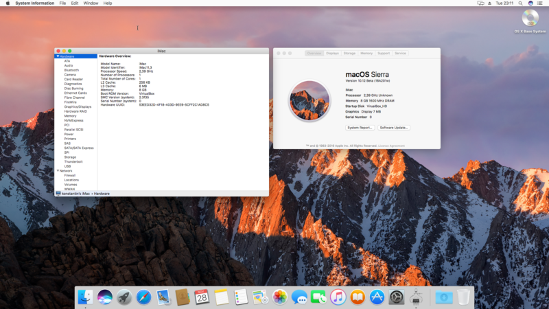 Вид MacOS Sierra на VirtualBox